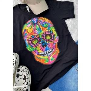 NEW L&B LIFE women's colorful sugar skull tee in black